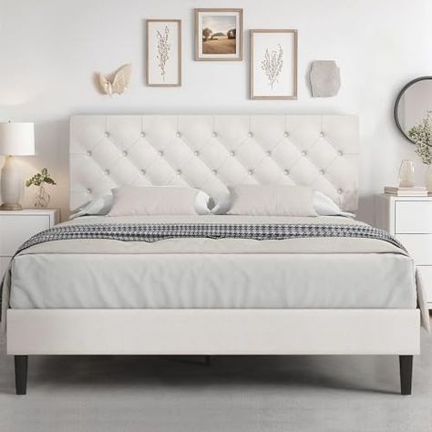 Quilted Bed Frame, White King Bed Frame, White Full Size Bed, Bed Frame Full Size, Queen Bed Frames, White Bed Frames, Queen Bed Frame With Headboard, Soft Headboard, Tufted Bed Frame