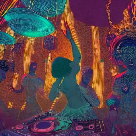 dj set at a bar, a godess dancing afro beats, epic scene, by victo ngai, kilian eng vibrant colours, dynamic lighting, digital art, winning award masterpiece, fantastically beautiful, illustration, aesthetically inspired by beksinski and dan mumford, trending on artstation, art by greg rutkowski, 8 k Neo Soul Art, How To Dj, Nightclub Painting, Afrobeats Playlist Cover, Afro Beats Aesthetic, Lighting Digital Art, Afrobeats Aesthetic, Dancer Illustration, Winning Award