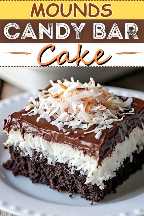 This dreamy Mounds Candy Bar cake features a moist chocolate cake covered in a luscious coconut filling and a decadent layer of smooth chocolate ganache. Mound Candy Bar Cake, Mounds Layer Cake, Mounds Cake Easy, Desert Auction Ideas, German Chocolate Cake Mix Ideas, Mounds Poke Cake Recipes, Easy Butterfinger Cake, Chocolate Cake Desserts Ideas, Decadent Cake Recipes