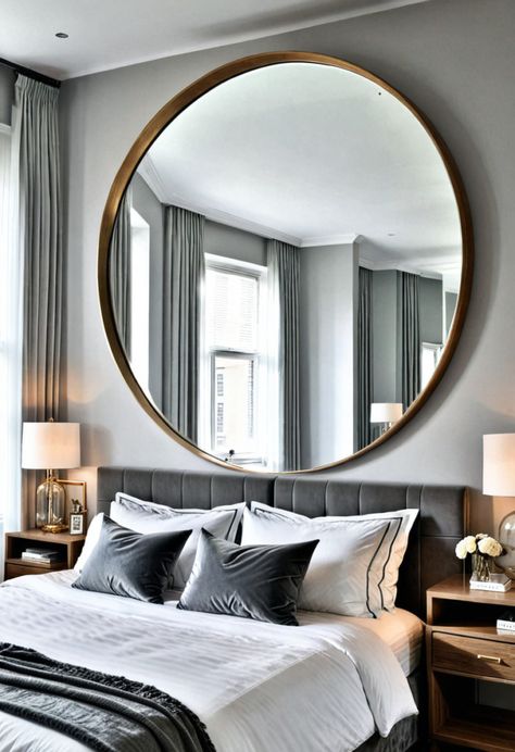 14 Mirror Over Headboard Ideas: Elevate Your Bedroom Decor » HomeDecorFull Mirror Over Headboard, Oversized Round Mirror, Full Wall Mirror, Geometric Mirror, Mirror Headboard, Mirror Panels, Backlit Mirror, Headboard Ideas, Arched Mirror