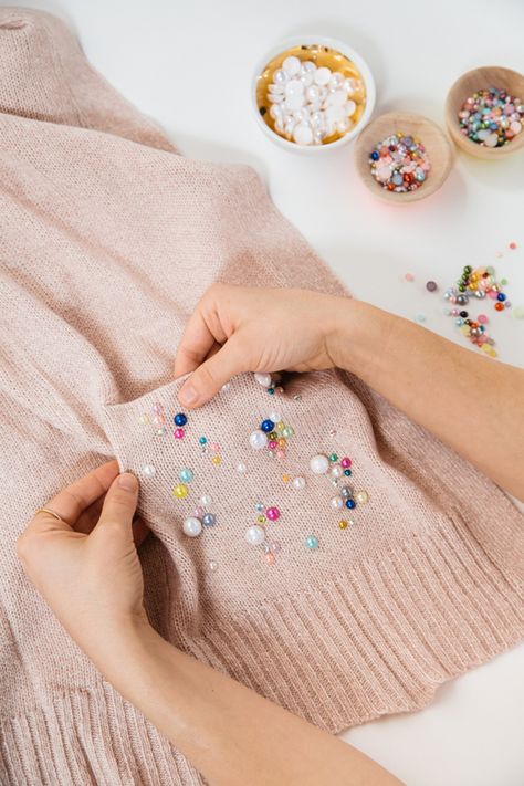 A Pretty Pear Sweater DIY / Oh Joy! Sweater Diy, Pearl Sweater, Oh Joy, Diy Sweater, Embellished Sweaters, Beaded Sweater, Pola Sulam, Crafts Workshop, Embroidery On Clothes