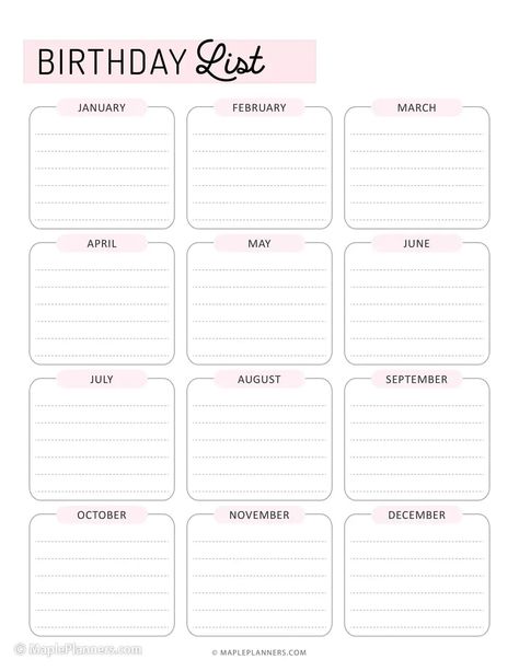 Free Printable Birthday List Template Birthday Tracker Template, Birthday Planner Ideas, Birthday List Template Free Printable, Free Printable List Templates, Cute To Do List Template Free Printable, Printable Lists Free, Cute List Template, Birthday Tracker Printable Free, Printable List Templates