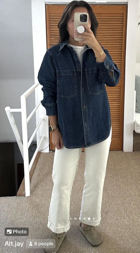 Cardigan As A Top Outfit, Jumper Over Shirt Outfit, Outfits For Running Errands Winter, Fall Casual Friday Work Outfits, Cream Denim Pants Outfit, Styling White Jeans Winter, White Chore Jacket Outfit, Staple Wardrobe Pieces Minimal Classic, 2025 Outfits Women