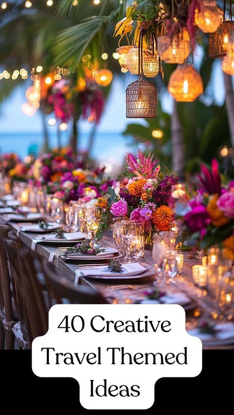 Creative travel-themed wedding ideas with destination-inspired décor and unique guest experiences to make your special day unforgettable. Personalized travel elements for an inspiring celebration. Casablanca Wedding Theme, Destination Wedding Themes Color Schemes, Filipino Wedding Ideas, Destination Wedding Ideas Decorations, Met Gala Wedding Theme, Unique Wedding Ideas Creative Decor, Travel Themed Wedding Decor, Destination Wedding Decor Ideas, Colour Theme Wedding