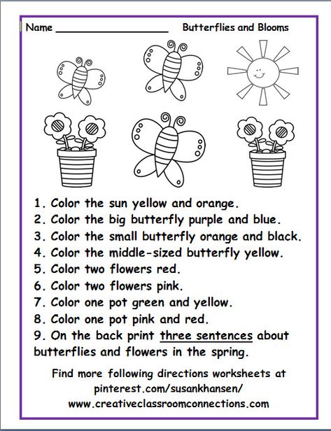 Free following directions worksheet featuring spring butterflies and flowers.  Find more free worksheets at pinterest.com/susankhansen/ or www.creative classroomconnections.com Follow The Directions Worksheet, Spring Worksheets For Kindergarten, Follow Directions Worksheet Free, Following Directions Worksheet, Follow Directions Worksheet, Directions Worksheet, Spring Worksheets, Listening And Following Directions, Following Directions Activities