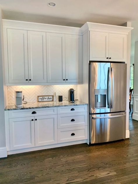 Kitchen Cabinet Over Fridge, Kitchen Cabinet Over Refrigerator, Refrigerator Cabinet Ideas Kitchen, Refrigerator Surround Cabinet, Kitchen Cabinet Above Fridge, Kitchen Cabinet Fridge Wall, Cabinets By Fridge, Cabinet Beside Refrigerator, Pantry And Refrigerator Cabinets