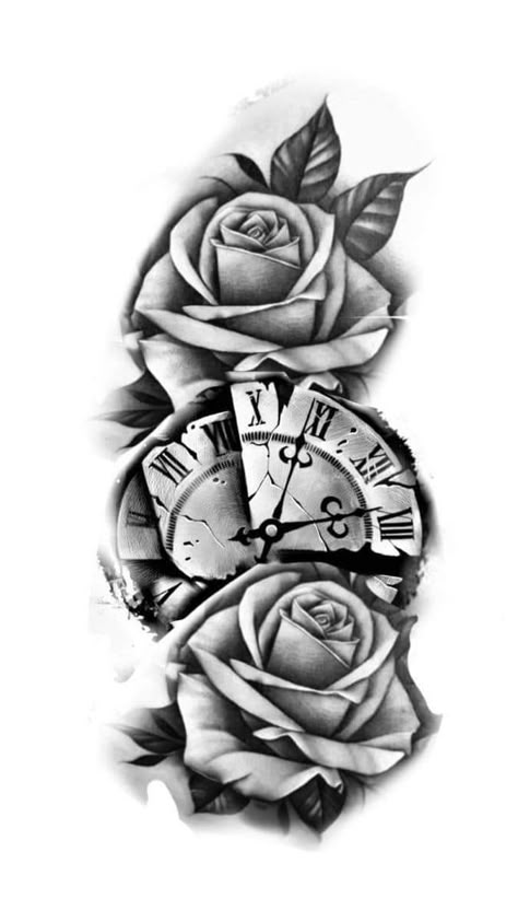 Tattoo Trends 2023, Tato Jam, Pocket Watch Tattoo Design, Clock And Rose Tattoo, Watch Tattoo Design, Rose Drawing Tattoo, Rose Hand Tattoo, Tattoo Placements, Rose Tattoos For Men