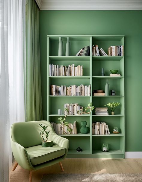 Sage Bookshelf Backings Sage Bookshelf, Sage Green Bookshelf, Sage Green Living Room Ideas, Office Bedroom Ideas, Green Bookshelves, Sage Green Curtains, Green Living Room Ideas, Sage Green Living Room, Green Living Room