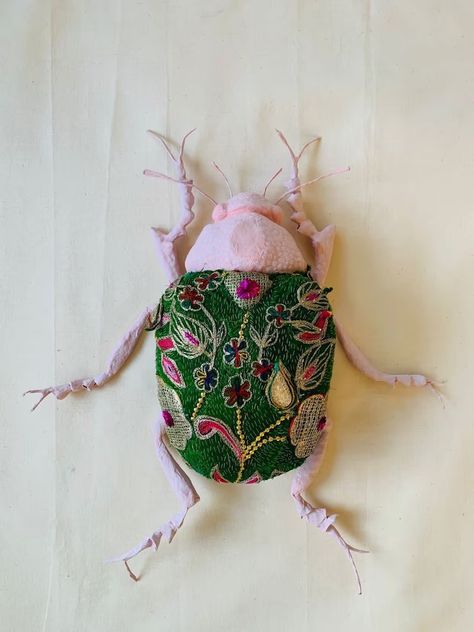 Insect Fabric, Giant Insects, Pink Beetle, Curiosity Cabinet, Antique Embroidery, Paper Mache Crafts, Art Journal Therapy, Faux Taxidermy, Beautiful Bugs