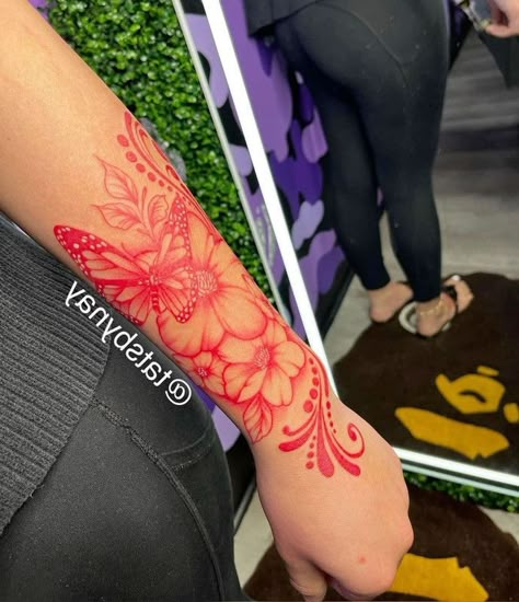 Red Arm Tattoos For Women Forearm, Arm To Hand Tattoos For Women, Red Forearm Tattoo Women, Baddie Tats Arm Sleeve, Red Tattoo Sleeve, Forearm Tats For Women, Red Sleeve Tattoo, Color Tattoos For Women, Work Tattoo Ideas