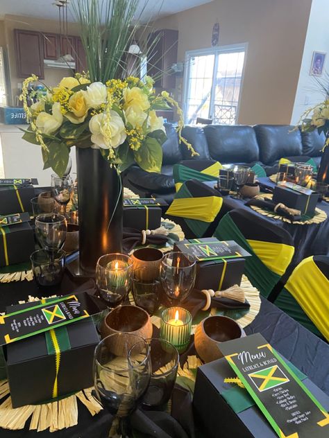 Jamaican Table Decorations, Jamaican Centerpiece Ideas, Jamaican Themed Wedding, Jamaican Birthday Party Ideas, Jamaica Theme Party Ideas, Jamaican Theme Party Ideas, Juneteenth Table Decorations, Jamaican Party Decorations, Jamaican Theme Party