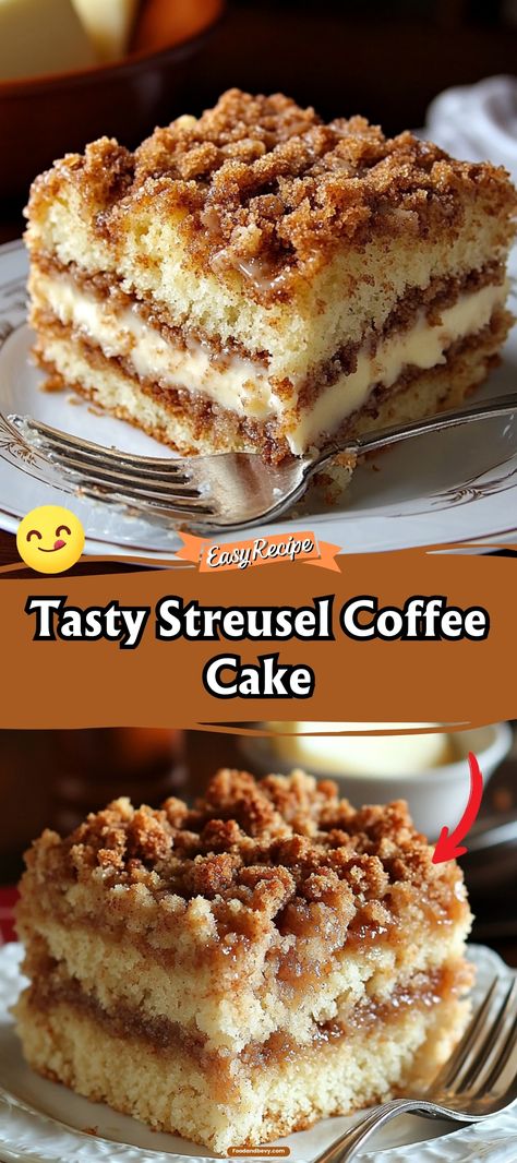 Start your morning right with a slice of Streusel Coffee Cake. This tender cake features a buttery cinnamon streusel topping that's simply irresistible. Perfect with a cup of coffee or tea, it's a comforting treat any time of day. #CoffeeCake #StreuselTopping #MorningTreat Sticky Bun Coffee Cake, Cinnamon Coffee Cake Bread, Bus Quick Velvet Crumb Coffee Cake, Cinnamon Coffee Cake With Streusel Crumb Topping, Cream Filled Coffee Cake Recipes, Pies And Tacos Coffee Cake, Upside Down Coffee Cake, Betty Crocker Coffee Cake Recipes, Cast Iron Coffee Cake