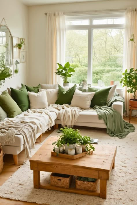 Cream Olive Green Living Room, White Green Living Room Decor, Pop Of Green Living Room, English Garden Decor Interior Design, Green Couch Cozy Living Room, Green White Wood Living Room, Green House Aesthetic Living Room, Beige And Green Living Room Ideas, Cozy Green Living Room