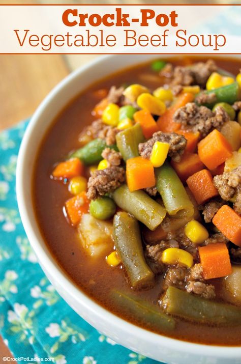 Crock-Pot Vegetable Beef Soup - Frozen vegetables, potatoes and ground beef are cooked with vegetable juice for a healthy and easy recipe for Crock-Pot Vegetable Beef Soup! So easy! [Gluten Free, High Fiber, Low Calorie, Low Fat, Low Sugar & Weight Watchers Friendly!] #CrockPotLadies #CrockPot #SlowCooker #Soups #WeightWatchers Potatoes And Ground Beef, Vegetable Soup Crock Pot, Crock Pot Vegetables, Beef Soup Recipes, Soup With Ground Beef, Crock Pot Recipes, Vegetable Beef Soup, Crockpot Recipes Beef, Easy Soup