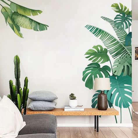 Tv Wall Kitchen, Monstera Mural, Wall Decor Amazon, Walls Design, Office Nursery, Palm Tree Leaves, Tropical Green, Wall Kitchen, Wall Tattoo