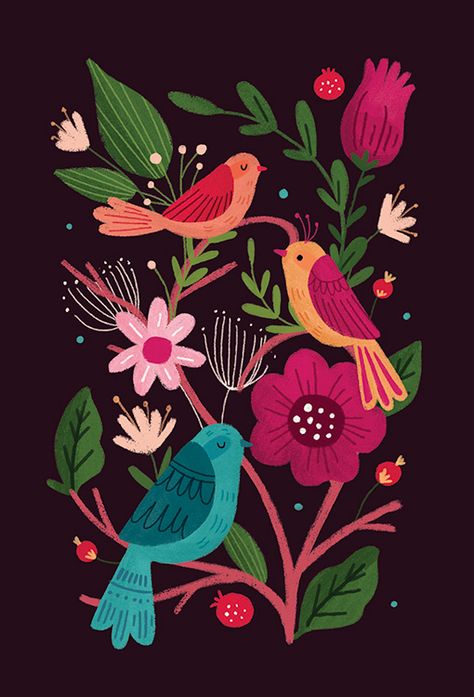 Art With Black Background, Bright Color Art, 자작나무 그림, Black Background Art, Black Background Painting, Birds Colorful, Folk Art Flowers, Bright Art, Scandinavian Folk Art