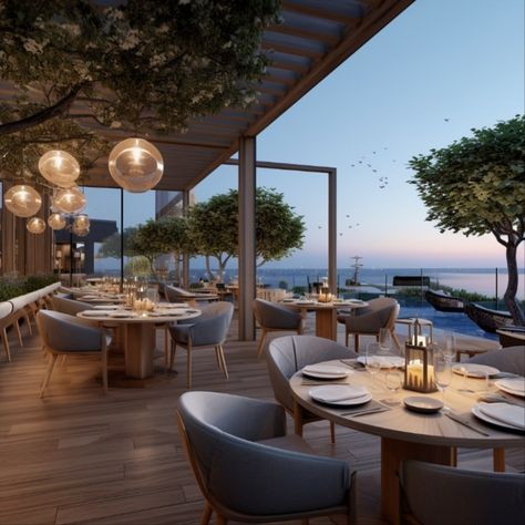 Pool Side Restaurant Design, Beach Theme Restaurant Interior Design, Seaside Restaurant Architecture, Beach Side Restaurant Design, Seaside Cafe Design, Restaurant With Sea View, Restaurant On The Water, Seaside Restaurant Design, Costal Restaurant