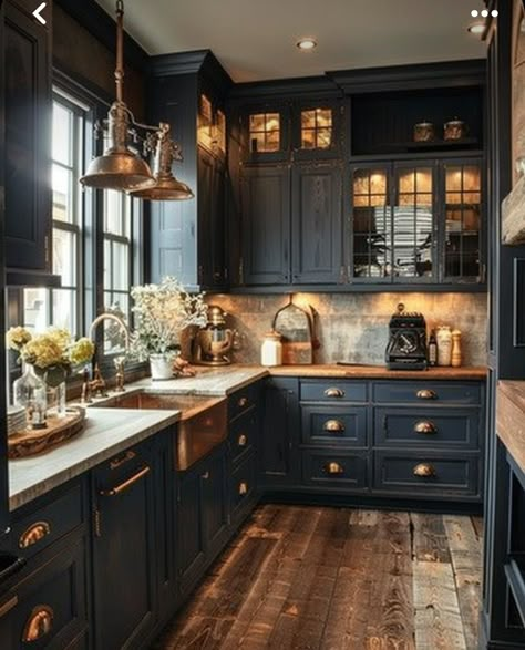 Kitchen Flooring With Black Cabinets, Black Farmhouse Kitchen Cabinets, Modern Farmhouse House Interior, Black Kitchens With Wood, Western Gothic Kitchen, Farmhouse Kitchen Black Cabinets, Kitchen With Black Floor, Modern Country House Interior, Moody House Interiors