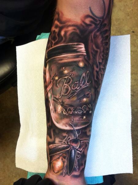 B&W Mason jar, ball jar, tattoo with incredible shading Mason Jar Tattoo, Jar Tattoo, Firefly Tattoo, Flying Tattoo, Bug Tattoo, Insect Tattoo, Bottle Tattoo, Landscape Tattoo, Sleeve Ideas