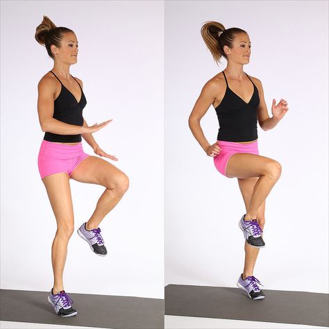 High Knees: Run in place while lifting your knees high to the level of your waist. Engage your abs as the knee comes up. Pump your arms to warm up your upper body. Muffin Top Exercises, Muscle Abdominal, 20 Minute Workout, Best Cardio Workout, Knee Up, Best Cardio, Lower Abs Workout, Popsugar Fitness, Cardio Training