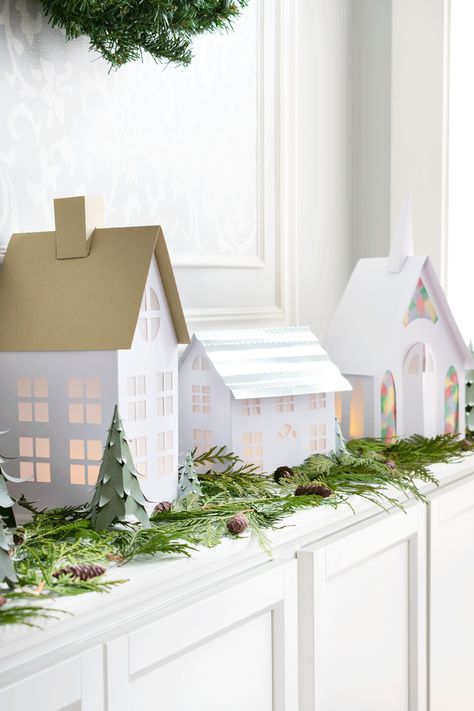 How to make winter village houses from cardstock with free SVG cut files and PDF printables. Includes four designs with trees and a step by step tutorial. Mini Cardboard Box Template, Card Stock Christmas Crafts, Cardboard House Template, Card Stock Crafts, Diy Christmas Village Houses, Classy Crafts, 3d Paper Houses, Snowy Town, Art Caddy