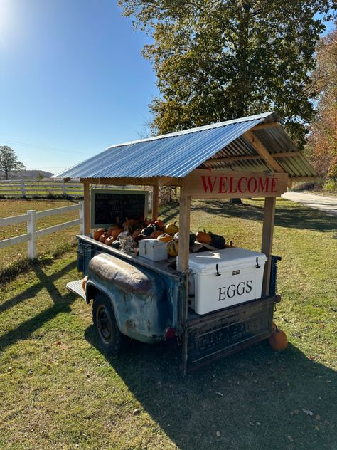 Produce Trailer Ideas, Roadside Stall Farm Stand, Vegetable Stand Ideas Farmers' Market, Eggs For Sale Stand Ideas, Vegetable Stands Roadside, Egg Cooler Stand, Farmers Market Trailer Farm Stand, Farm Roadside Stand, Produce Wagon Farm Stand