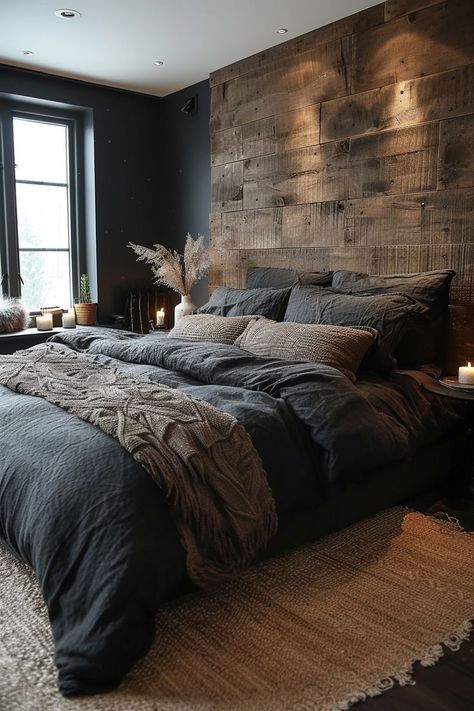 Black And Wood Master Bed, Industrial Bedding Set, Bedroom With Boyfriend Ideas, Dark Bedroom Floor, Master Bedrooms Ideas For Couples Simple, Black And Light Wood Bedroom, Grey Country Bedroom, Dark Bed Ideas, Bedroom Ideas For Older Women Over 50