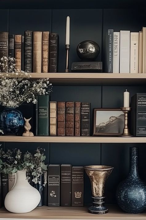 Shelf Styling: 9 Interior Design Tips for Perfectly Curated Shelves Open Bookshelf Styling, Cottage Bookshelf, Cozy Cottage Interiors, Dark Academia Living Room, Making Shelves, 9 Elements, Old Bookshelves, French Country Cottage Decor, Cabin Inspiration