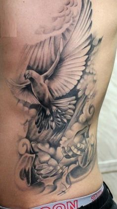 Men Rib Tattoo, Angle Tattoo For Men, Natur Tattoo Arm, Rib Tattoos For Guys, Jesus Crucified, Dove Tattoos, Heaven Tattoos, Rose Tattoos For Men, Torso Tattoos