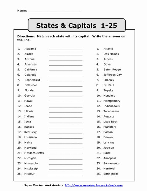 States and Capitals Matching Worksheet New Name States Capitals 1 25 Directions Match Each State with State Capitals Quiz, Learning States, States Capitals, Map Quiz, Us State Map, States And Capitals, Matching Worksheets, Social Studies Worksheets, State Capitals