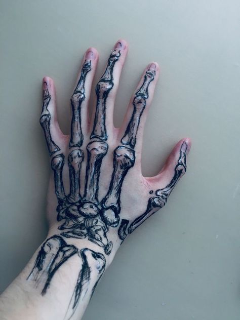 Hand To Elbow Tattoos, Bones Drawn On Your Hand, Female Skull Hand Tattoo, Skeleton Tattoos Hand, Severed Hand Tattoo, Alternative Hand Tattoo, Scelotin Hand Tattoo, Skull Hand Drawing On Hand, Skeloten Hand Tattoos