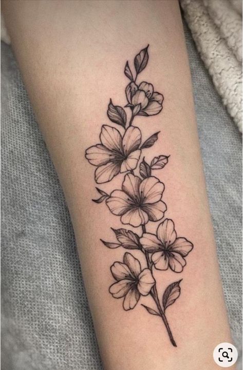 Larkspur Flower Tattoo Design, Cherry Blossom Forearm Tattoo, Floral Tattoo Design Forearm, Larkspur Tattoo Design, Simple Arm Tattoos For Women, Delphinium Flower Tattoo, Flower Tattoo Forearm, Larkspur Flower Tattoo, Dogwood Tattoo