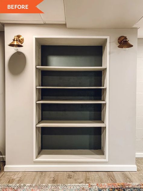 Inset Bookshelves In Wall, Shelves With Painted Backs, Built In Shelf Remodel, Built Into Wall Shelves, Painting Built In Shelves, Built In Bookshelf Hallway, Built In Shelves Living Room Paint Ideas, Tv Nook Makeover Built Ins, Drywall Shelves Built Ins