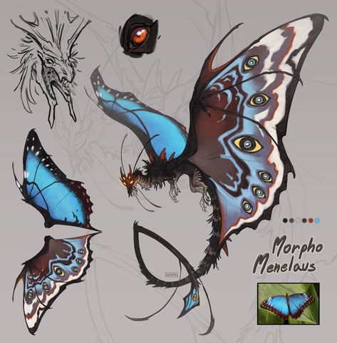 Moth Dragon, Morpho Menelaus, Dragon Concept, Dragon Sketch, Creature Artwork, Cute Fantasy Creatures, Fantasy Beasts, Creature Drawings, Monster Concept Art