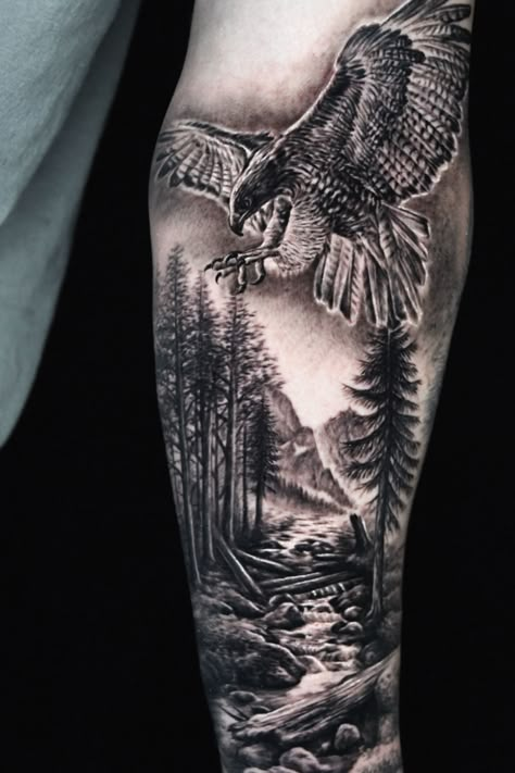 Forest tattoo #sleevetattoo #tattoosformen Animal Half Sleeve Tattoo, Half Sleeve Tattoos Nature, Natur Tattoo Arm, Voll Arm-tattoos, Half Sleeve Tattoo Ideas, Tree Sleeve Tattoo, Tattoos Cross, Wildlife Tattoo, Scene Tattoo