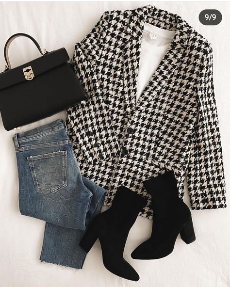 Houndstooth Blazer Outfit, Button Down Outfit, Smart Casual Look, Outfit Mujer, Casual Work Outfits, Blazer Outfits, Professional Outfits, Casual Fall Outfits, Mode Inspiration