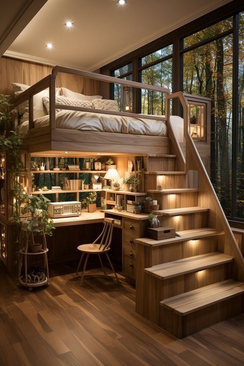 Tiny House Aesthetic, Loft Bed Design, Bed With Desk Underneath, Loft Bed Ideas, Lofted Dorm Beds, Loft House Design, Mini Loft, Dream Bedroom Inspiration, Tiny House Loft