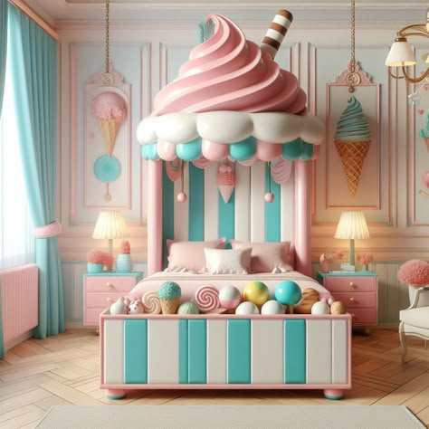 Candyland Bedroom, Candy Room Decor, Cupcake Bedroom, Room Decor Girls Bedroom, Candy Themed Bedroom, Adopt Me House Ideas, Candy Room, Ice Cream Swirl, Instagram Bedroom