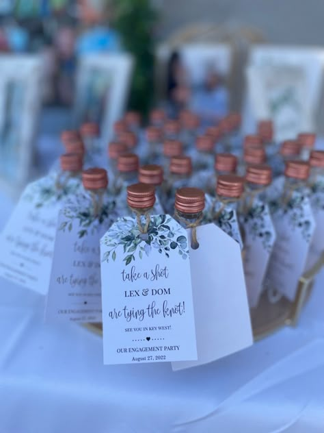 Engagement Party Giveaways, Engagement Party Party Favors, Shot Wedding Favours, Tying The Knot Engagement Party, We Tied The Knot Take A Shot Sign, Take A Shot We Tied The Knot, Engagement Party Brunch, Small Engagement Party, Wedding Favours Shots