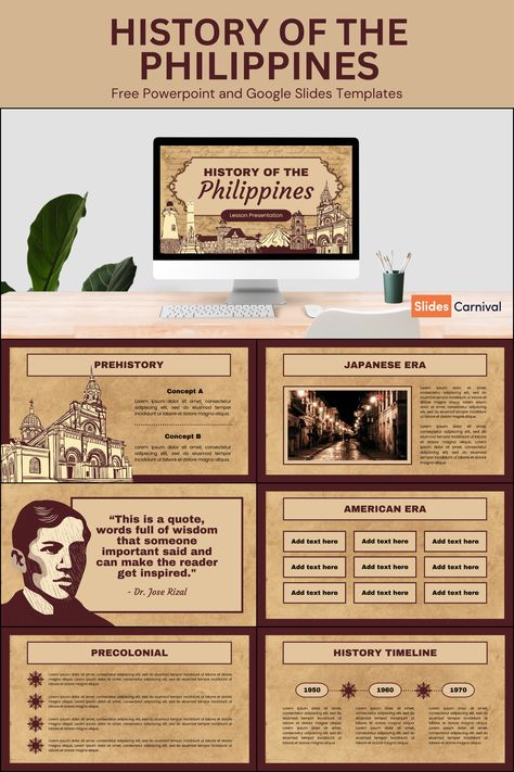 Rizal Ppt Template, History Powerpoint Ideas, Google Slides Inspiration, History Slide Presentation, Brown Powerpoint Template, Canva Presentation Ideas Vintage, History Template Powerpoint, Google Slides Presentation Design, History Presentation Template