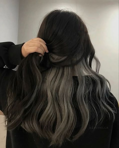 Hair Highlights Ideas For Black Hair, Black Hair With Gray Streaks, Hidden Highlights Hair Black, Dark Hair With White Underneath, Hair Color White Highlights, Hair Dye Ideas Gray, Asian Grey Highlights, Ash Grey Peekaboo Hair, Black And Dark Grey Hair