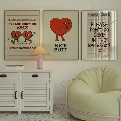 Just found this amazing item on AliExpress. Check it out! C$3.80 | Retro Please Don't Drink Coke In The Bathroom Beige Groovy Animated Heart Wall Art Canvas Painting Poster Living Room Home Decor Pictures For Bathroom, Playful Quotes, Bathroom Beige, Cheeky Quotes, Living Room Guest Room, Retro Bathroom, Retro Pictures, Retro Bathrooms, Heart Wall Art