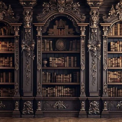 Library Academia, Library Goals, Dark Bookshelves, Dark Academia Widget, Bookshelf Library, Gothic Library, Gothic Books, Dream Bedroom Inspiration, Library Inspiration