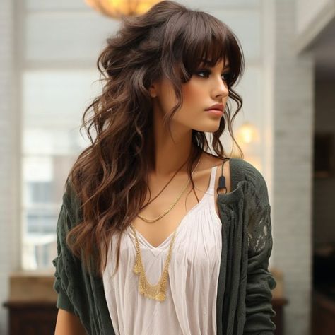 50 Fringe haircut For a Refreshing Look In 2024 Curly Hair Fringe, Wavy Bangs, Long Wolfcut Haircut With Bangs, Wolfcut Hair, Dark Brunette Hair, Pin Up Vintage, Haircut With Bangs, Haircut Long, Long Wolfcut Haircut