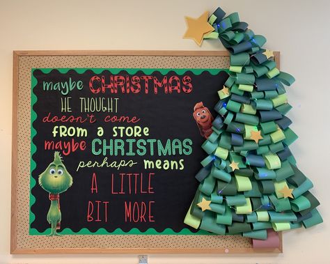 Christmas Grinch bulletin board Christmas Bulliten Board Ideas, Grinch Bulletin Board, Christmas Library Bulletin Boards, Christmas Bulletin Board Decorations, Christmas Board Decoration, Christmas Bulletin Board Ideas, Grinch Merry Christmas, Bulletin Board Tree, Door Decorations Classroom Christmas