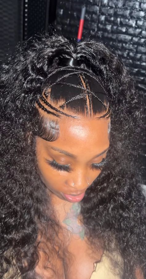 Wig Styles Braids, Rubberband Hairstyles Wig, 26 Inch Deep Wave Frontal Wig Hairstyles, Braids On Wig Hairstyles, Lace Hairstyles Hair Ideas, Curly Tracks Hairstyles Black Women, Frontal Wig Braid Hairstyles, Frontal And Bundles Hairstyles, Frontal Ponytail With Braid