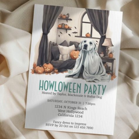 Halloween Dog Themed Party Howloween Fun Invitations from #Ricaso. Cute dog fancy dress party https://www.zazzle.com/halloween_dog_themed_party_howloween_fun_invitation-256657254581681168 #Halloween #dogsofinstagram #halloweenparty #dog #ghost #cuteghost #haunted #cutehalloween #fancydress #zazzlemade #partyinvite #party #invite #invitation #howl #howling #pumpkin Dog Themed Party, Ghost Sheet, Dog Fancy Dress, Dog Ghost, Dog Themed Parties, Fancy Dress Party, Dog Family, Fun Invitations, Halloween Festivities