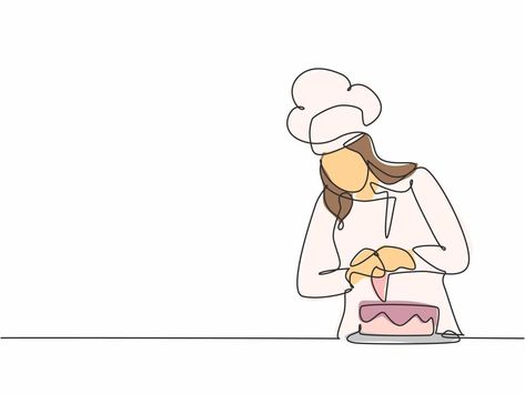 Baking Art Illustration, Cake Line Art, Pastry Illustration, Birthday Pastry, Continous Line Drawing, Baking Drawing, Cooking Illustration, Cake Sketch, Cooking Clipart