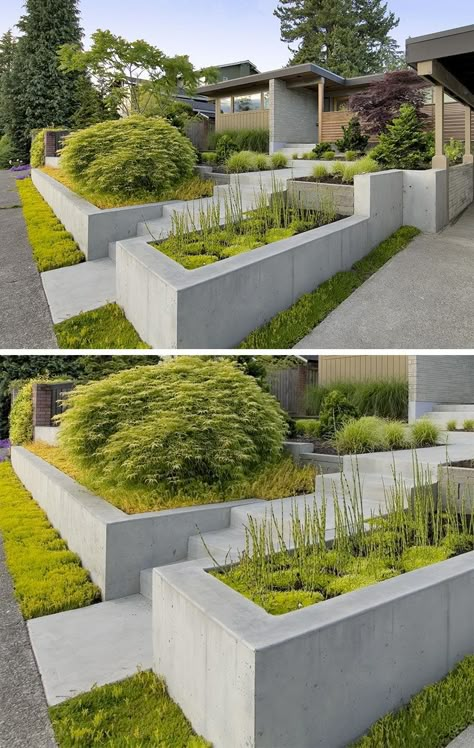 10 Inspirational Ideas For Including Custom Concrete Planters In Your Yard // These built in concrete planters welcome people to the… Diy Garden Landscaping, Moderne Have, Modern Garden Design, Covered Garden, Walled Garden, Diy Weaving, Modern Backyard, Modern Planters, Have Inspiration