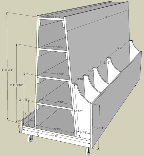 This SketchUp file can be found on my Plans & Designs page. Since I work on most of my projects in the garage, I am always fighting for more space. I always stacked my wood up against the wall … Arbejdsplads Garage, Wood Storage Cart, Lumber Storage Rack, Wood Shop Ideas, Plywood Storage, Lumber Rack, Wood Storage Rack, Lumber Storage, Diy Garage Storage